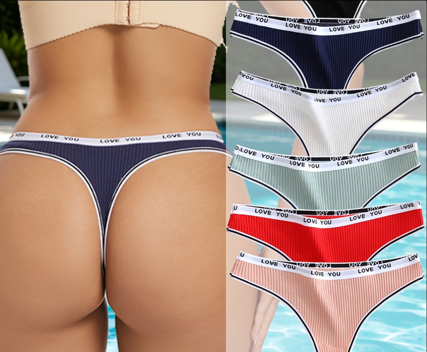 model showing back of thong and six-pack of I love you thongs from Temu, taken from Temu promo page