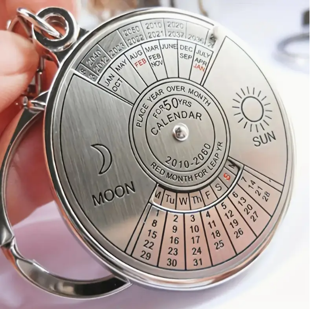 50-year perpetual calendar keychain close-up from Temu promo ad