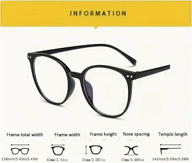 blue light glasses measurements, taken from promo ads from Temu