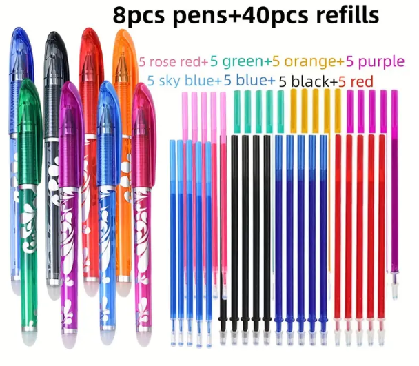 picture of 8 piece pen set with 48 refills taken from Temu promo ad