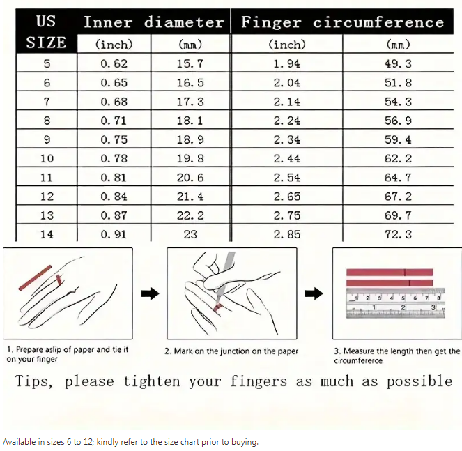 ring measurement chart and instructions on how to find ring measurements, taken from Temu promo page