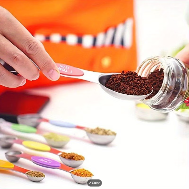 magnetic stainless steel measuring spoon measuring a dry ingredient, taken from Temu product page