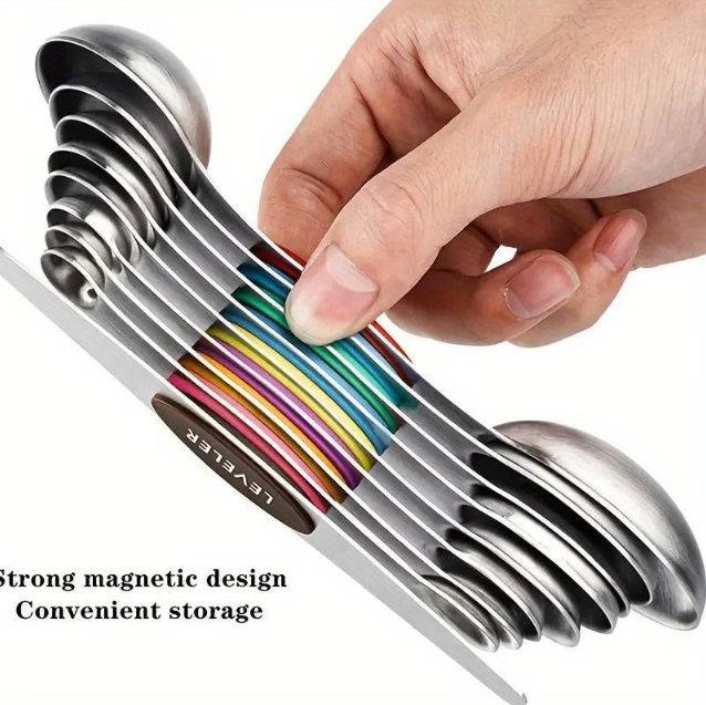 dual sided stainless steel magnetic measuring spoons set, magnetism demonstration, taken from Temu product page