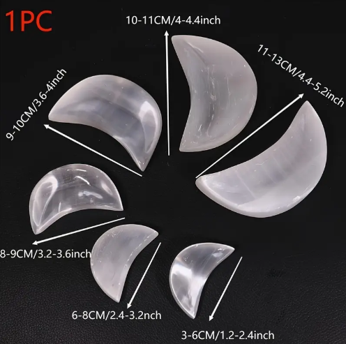 dimensions of crescent moon-shaped selenite crystal bowls of different sizes from Temu promo ad