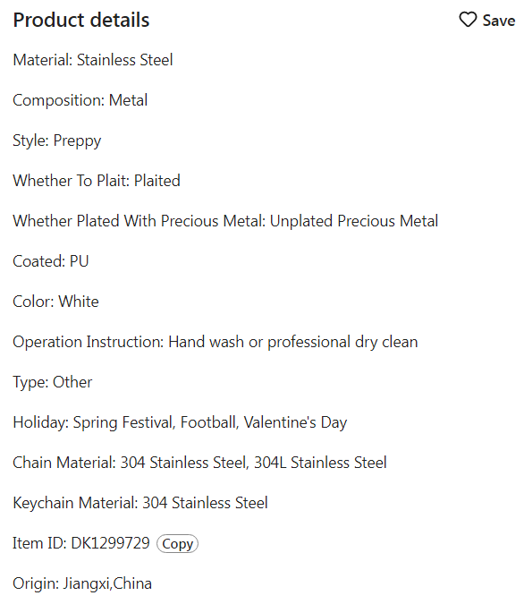product details indicating stainless steel material of 50-year calendar keychain, from Temu promo ad