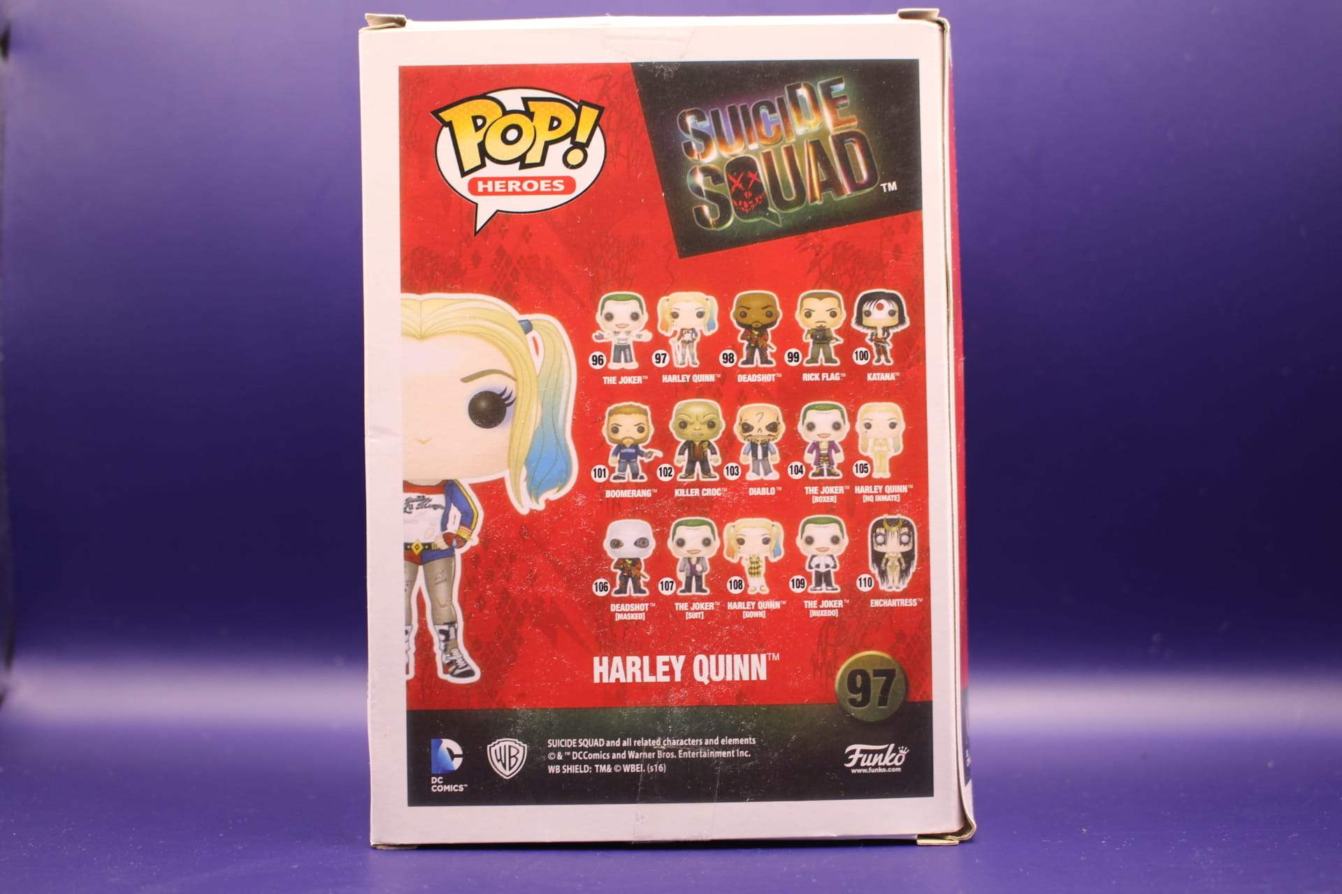 Harley Quinn Funko in box, back view