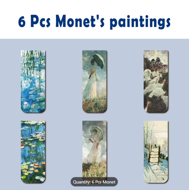 6 pcs Monet' s paintings bookmark set taken from Temu product page