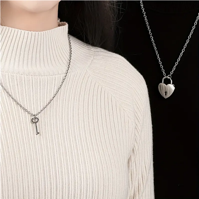 lock and key couple necklaces, with one worn, taken from Temu promo page