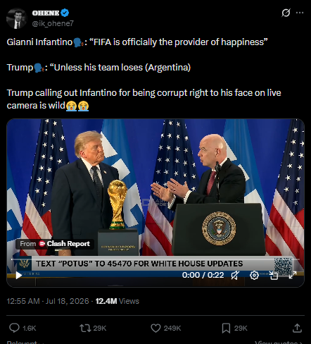 tweet regarding Trump playfully calling out FIFA corruption