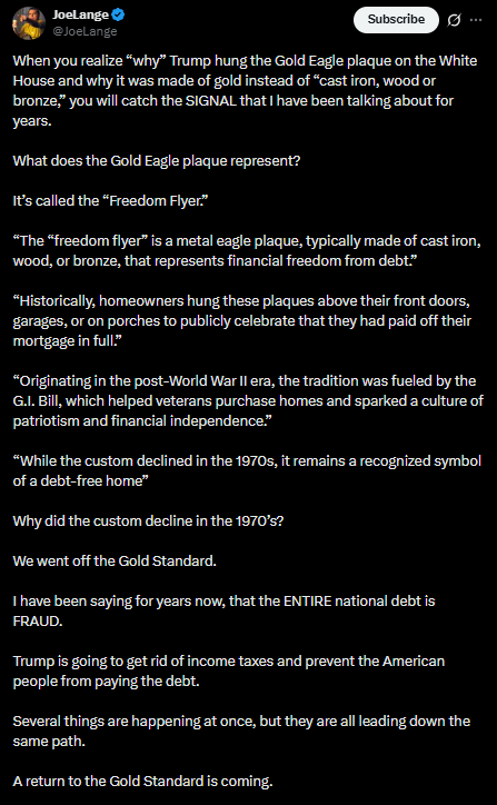 screenshot of tweet by Joe Lange about freedom flyers and Trump's hanging of gold eagle plaque
