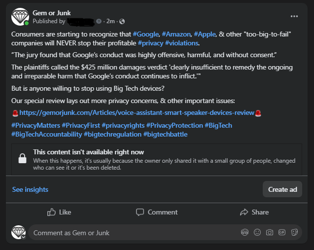 censored facebook post about Google case
