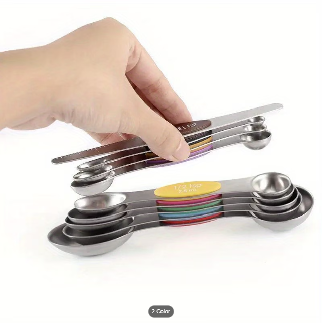 magnetic measuring spoon set with leveler tool, showing magnets working, taken from Temu product page
