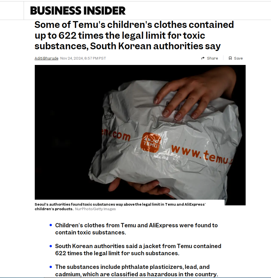 Business Insider headline about toxic substances found in clothes sold by Temu