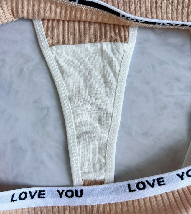 close-up of inner section of peach thong from six-pack of I love you thongs from Temu, taken from Temu promo page