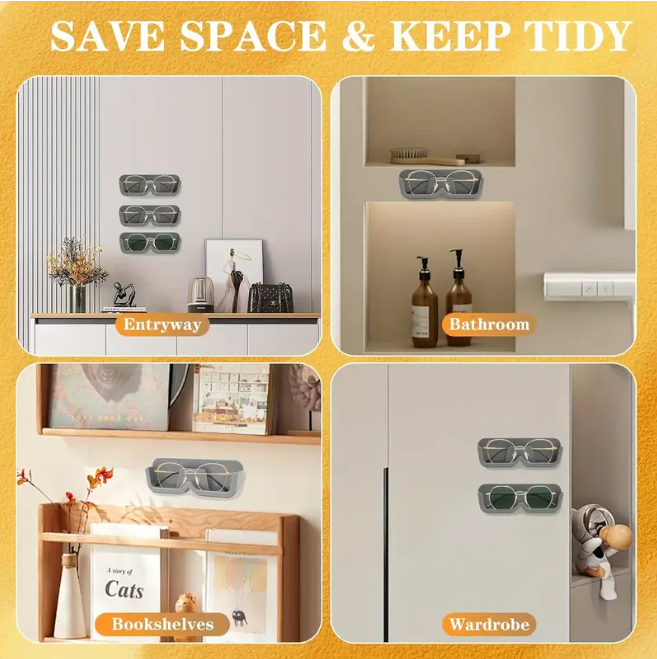 spacing saving examples for wall mounted eyeglasses holders, taken from Temu product page