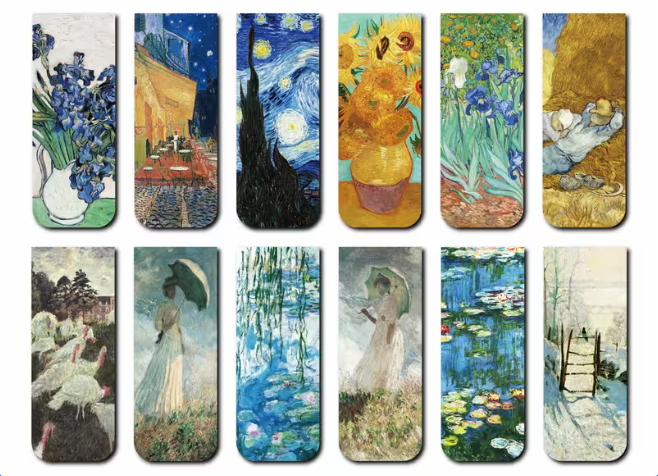 12 Van Gogh and Monet magnetic bookmarks from Temu product page