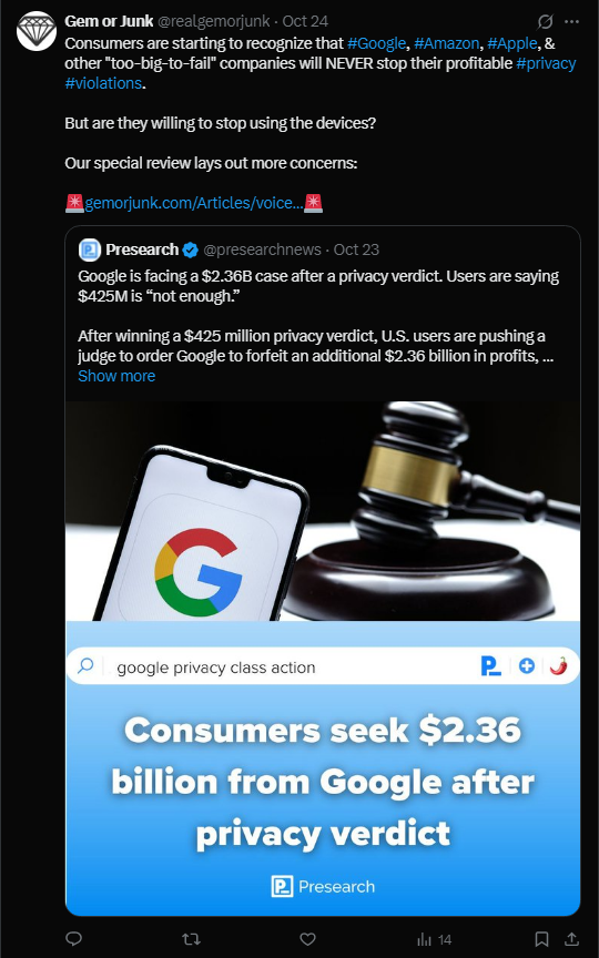 twitter post about Google case