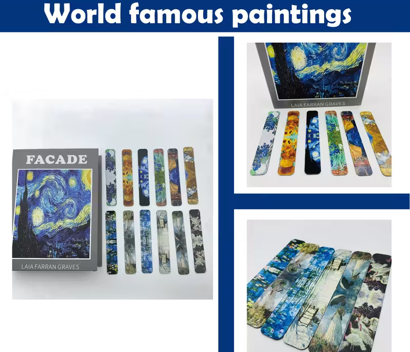 world famous paintings bookmarks different displays, taken from Temu product page