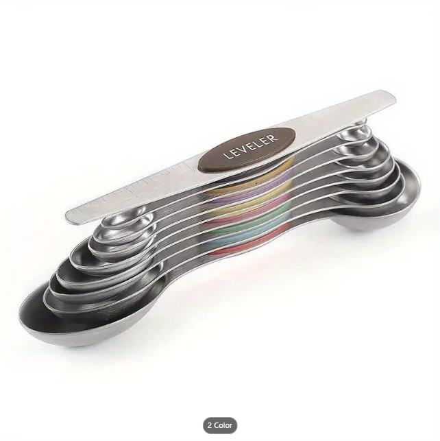 stacked magnetic stainless steel measuring spoons, taken from Temu product page