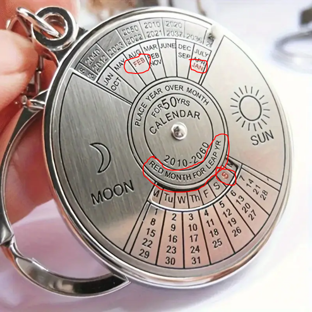 red month leap year indicators shown in picture of 50-year calendar keychain from Temu promo ad, with red indicators circled