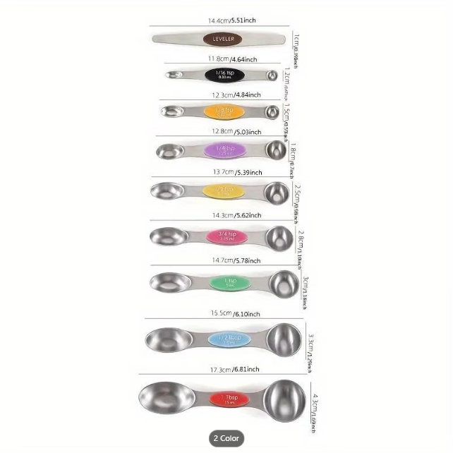 magnetic stainless steel measuring spoon sizes in order from smallest to biggest size, taken from Temu product page