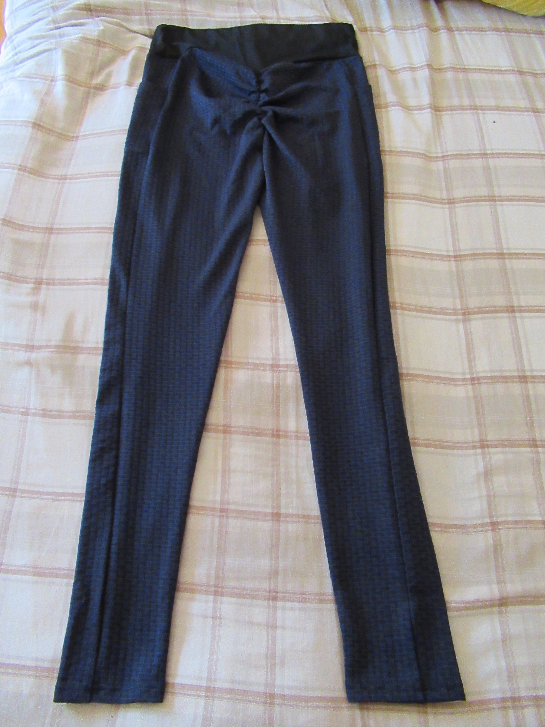 Honeycomb-textured scrunch butt butt-lifting pants -- black, back view; honeycomb-textured, scrunched butt-lifting pants alone