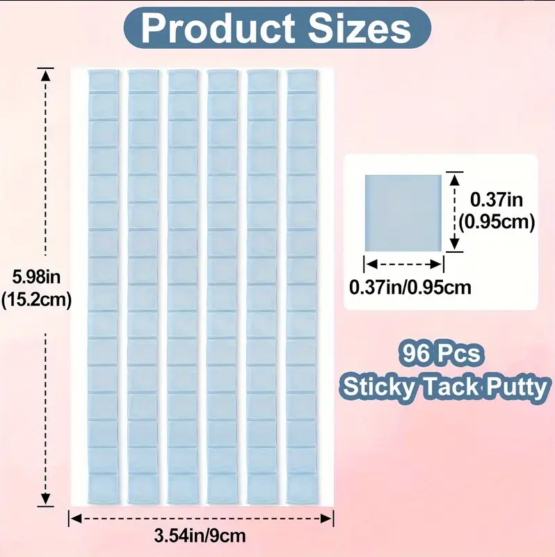 sticky tack size dimensions, taken from Temu promo pag