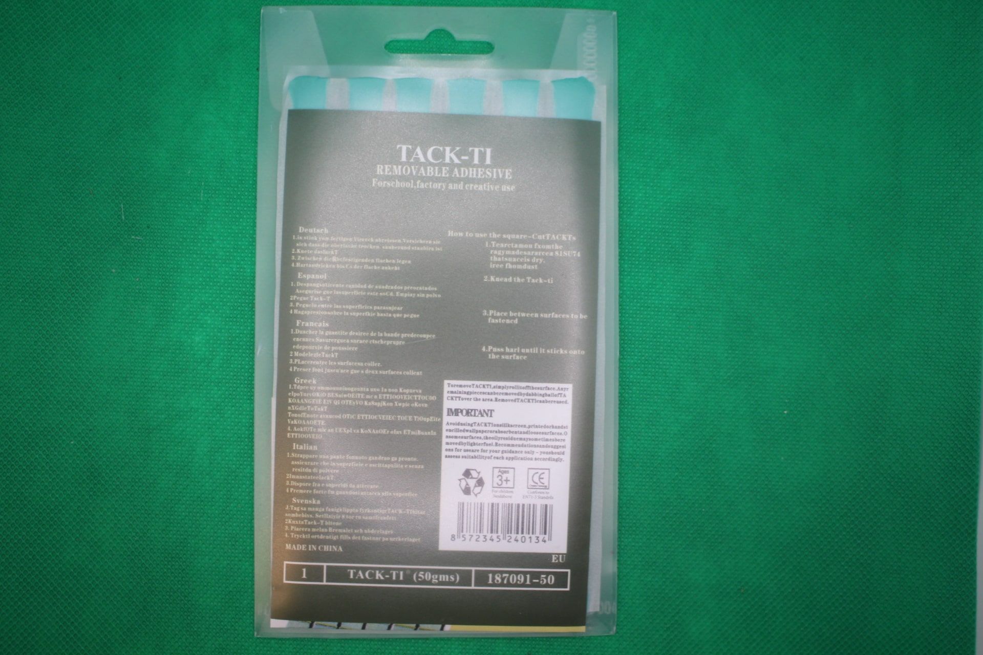 Tack-Ti sticky tacky putty packaging, back