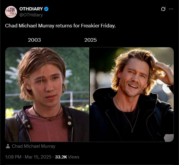 X post comparing Chad Michael Murray playing Jake in Freaky Friday vs. in Freakier Friday