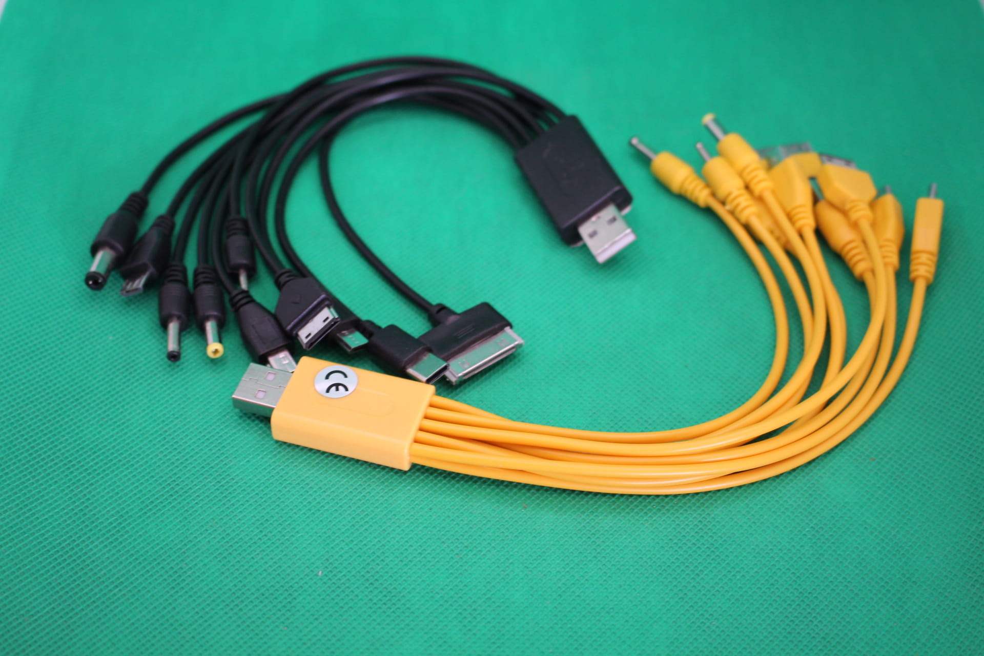 black and yellow ten in one multi charger cables, top view