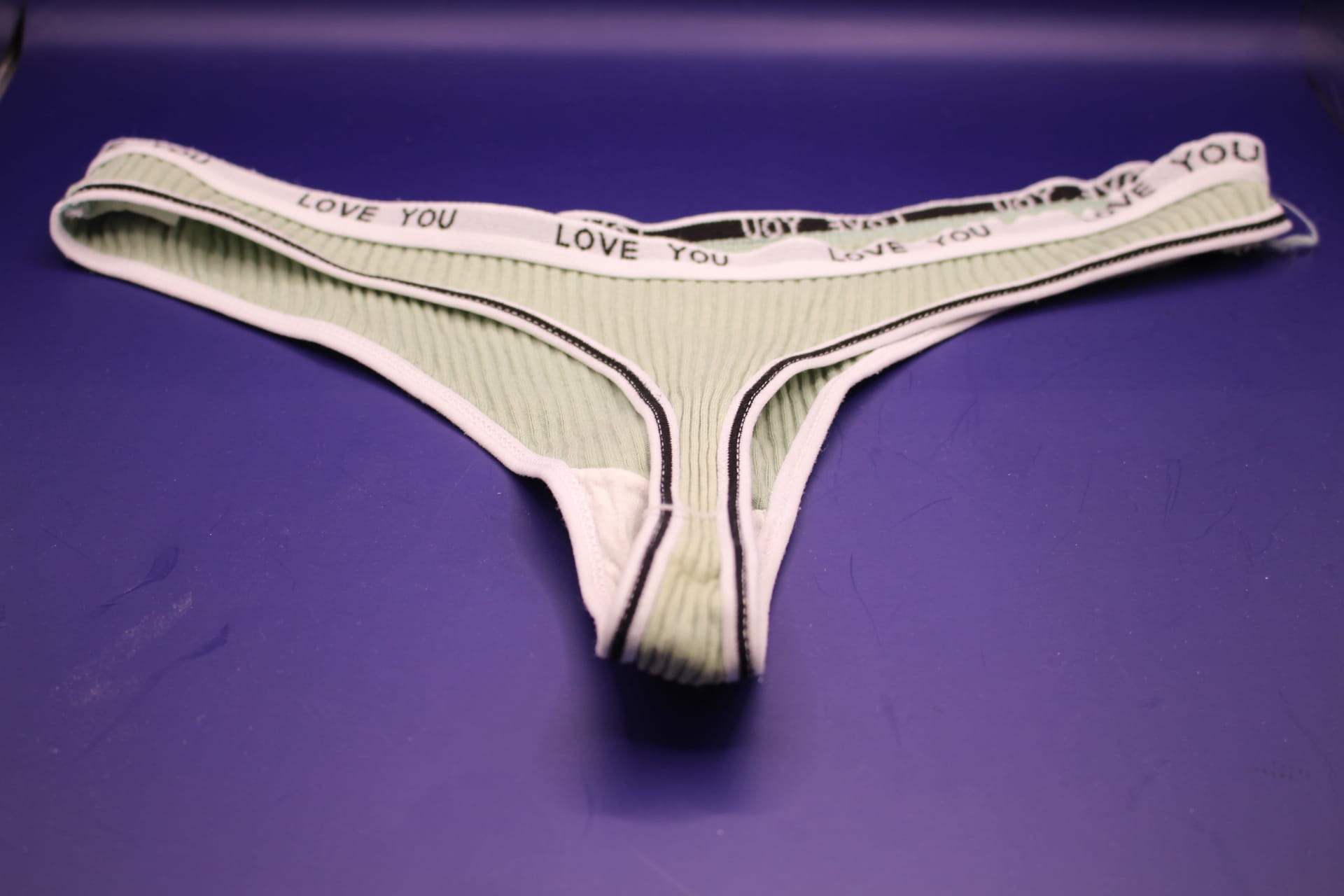 green LOVE YOU panties from Temu, backview
