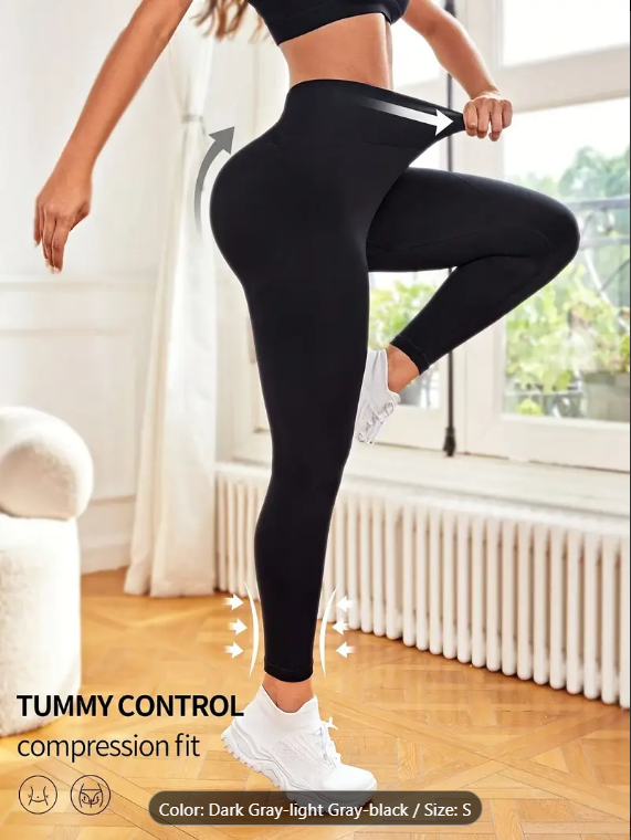 butt-lifting leggings in black, showing tummy control and compression fit -- promo ad from Temu