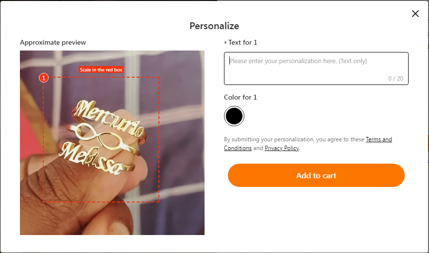 text for 1 box for personalizing customized rings, taken from Temu promo page