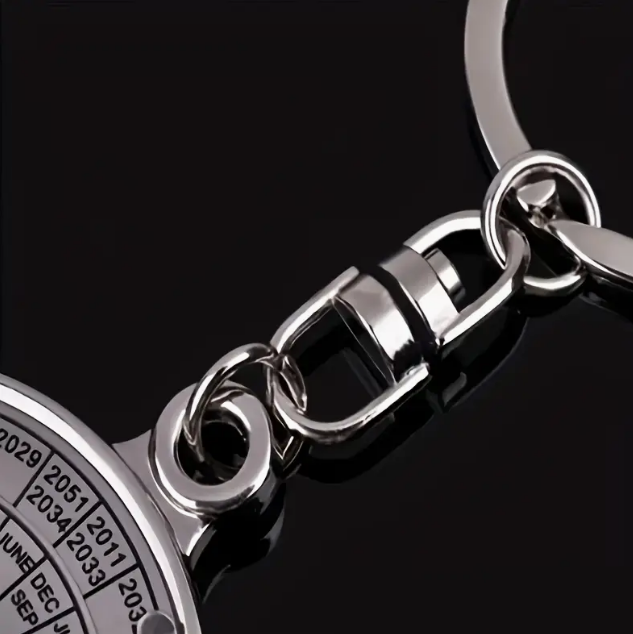 close-up of the keyring attachment section of the 50-year calendar keychain from a Temu ad
